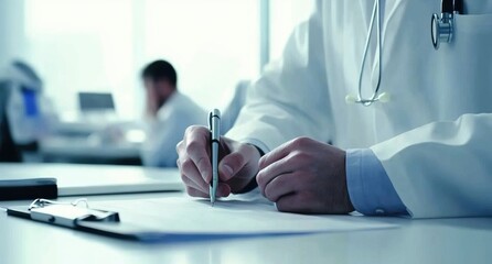 Close-up of a doctor's hands holding a pen, with a patient sitting at a desk in a white medical office background Generative AI