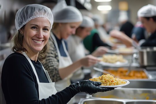 Volunteering at a Community Kitchen. A team of volunteers in aprons and hairnets serves hot meals to people in need at a busy soup kitchen. The volunteers smile warmly as they hand out plates of food,