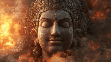 Serene Buddha Amidst Fiery Chaos A 3D Rendering of Spiritual Resilience.