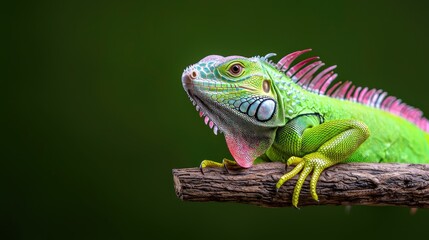 Fototapeta premium Iguana on Branch, Detailed Close-up, Green Background, Nature Subject, Wildlife, possible stock photo for education, nature, animal, and ecology