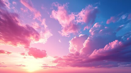 A serene sky at sunset, featuring vibrant pink and purple clouds, creating a peaceful and picturesque atmosphere.