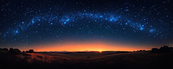 Fototapeta premium A breathtaking panoramic view of a starry night sky arching over a tranquil landscape, with a glowing horizon at dusk.