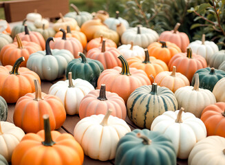 collection of various pastel colored pumpkins arranged on a wooden surface