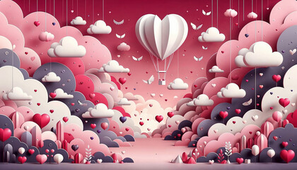 Whimsical Valentine’s Day Fantasy Scene with Heart-Shaped Hot Air Balloon