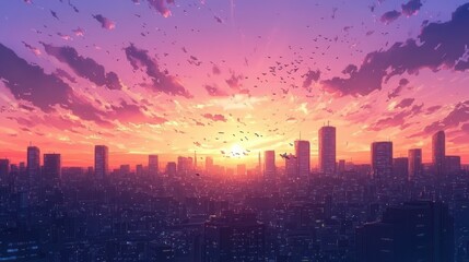 Fototapeta premium Cityscape silhouettes emerge as the vibrant sunset bathes the skyline
