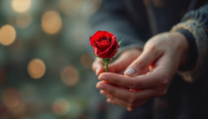 Hands Holding a Red Rose with Romantic Bokeh Background