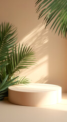 Obraz premium minimalist beige platform with lush green palm leaves
