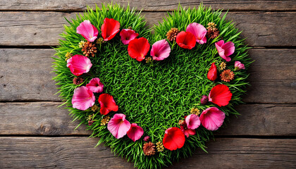 A heart-shaped patch of lush green grass decorated with red and pink flower petals on a rustic wooden surface.