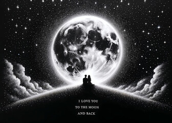 Romantic Couple Under a Glowing Moon with Love Quote "I love you to the moon and back." 