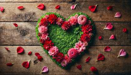 Heart-Shaped Floral Arrangement on Rustic Wooden Background