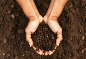 Cupped hands holding soil, rich dark earth, gardening closeup, nurturing nature, environmental care, planting seeds, fertile ground, sustainable agriculture, hands connecting with earth, soil texture