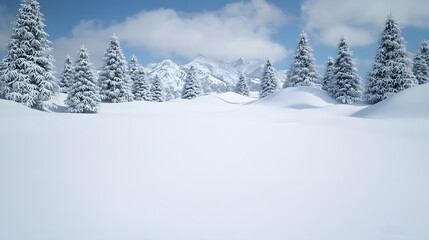 Serene Winter Landscape with Snow-Covered Trees and Mountains