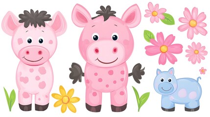 Naklejka premium Cute Cartoon Animals and Flowers in Pastel Colors for Kids