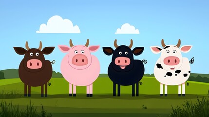 Obraz premium Cartoon Cows in a Pastoral Landscape with Blue Sky and Green Grass
