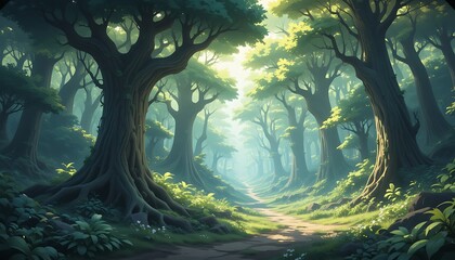 Mystical Forest Path Lined with Towering Ancient Trees Illuminated by Soft Sunbeams Filtering Through a Dense Canopy