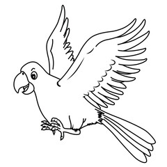 Cute cartoon hand drawn vector fly parrot coloring page.