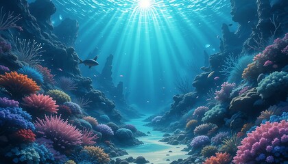 Vibrant Coral Reef Teeming with Life Under Sunlit Waters Depicting a Vivid Underwater Ecosystem