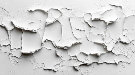 Naklejka premium A close-up of peeling white paint on a textured surface, revealing layers and a weathered appearance.