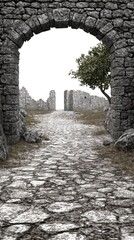Fototapeta premium Stone archway path leads to ancient ruins, tree background; travel, history