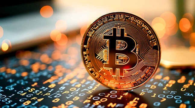 close-up of a gold bitcoin cryptocurrency coin on an illuminated alphanumeric surface