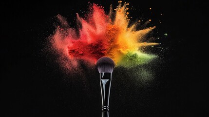 Colorful Powder Explosion Around Makeup Brush on Black Background