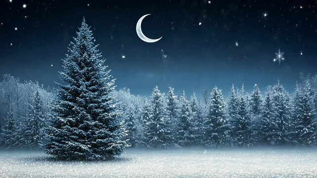 Winter night landscape with snow-covered pine trees and a crescent moon shining brightly