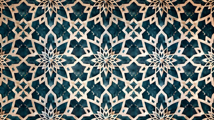 Intricate geometric pattern with floral motifs in shades of blue and cream, ideal for backgrounds