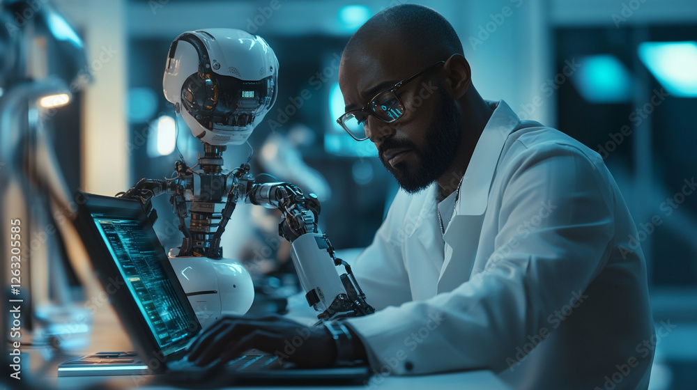 Poster scientist works with advanced robot ai technology digital future innovation data coding modern