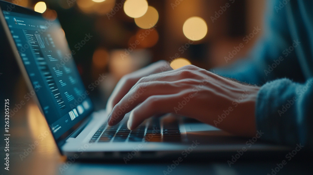 Poster closeup hands typing on laptop dark blue theme night work coding software developer programmer