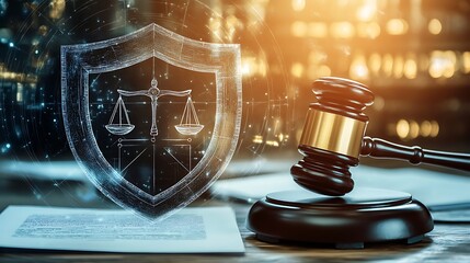 Gavel, legal document, and digital shield symbolizing legal protection and justice.