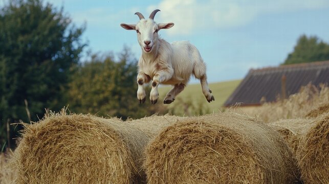 Farmyard Scene with Goats Jumping on Hay Bales