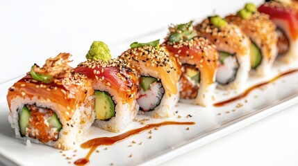 Colorful Sushi Roll Platter on White Background