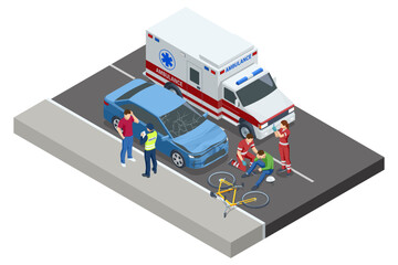 An isometric, vector illustration of a traffic accident involving a car and a bicycle. Paramedics assist the injured cyclist while a police officer questions the driver.