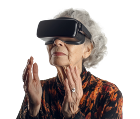 Elderly woman engages in virtual reality experience studio portrait isolated on transparent background