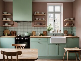 Fototapeta premium Mint Green Kitchen With Wooden Accents And Shelving