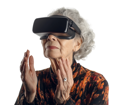 Elderly woman engages in virtual reality experience studio portrait isolated on transparent background