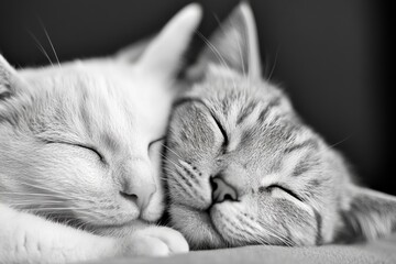 Close-up of two sleeping cats snuggling together in peaceful harmony