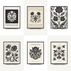 Abstract linocut floral posters template. Modern trendy minimal style. Black and white colors. Botanical blockprint. Hand drawn design for wallpaper, wall decor, print, postcard, cover, template.
