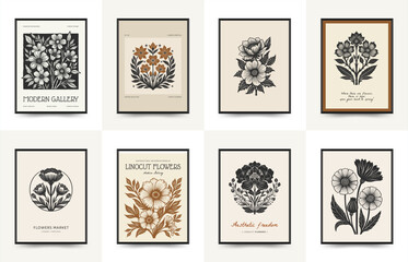 Abstract linocut floral posters template. Modern trendy minimal style. Black and white colors. Botanical blockprint. Hand drawn design for wallpaper, wall decor, print, postcard, cover, template.