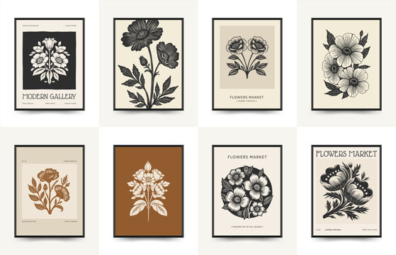 Fototapeta Abstract linocut floral posters template. Modern trendy minimal style. Black and white colors. Botanical blockprint. Hand drawn design for wallpaper, wall decor, print, postcard, cover, template.