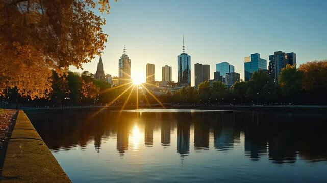 Sunrise over the Melbourne skyline reflecting in the calm waters of a city park