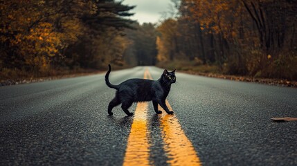 black cat crossing the road
