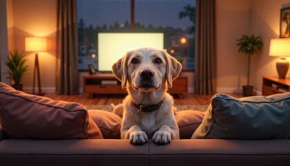 Labrador dog looking curiously from couch at home interior