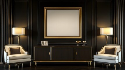 Elegant Living Room Interior Design Featuring Black Walls and Luxurious Furniture with Gold Accents