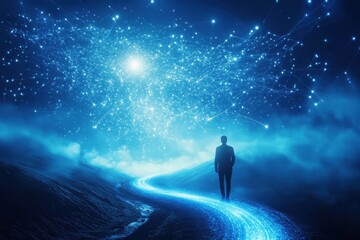 Fototapeta premium A journey through a network of blue energy lines each one a path to a different star a different destiny