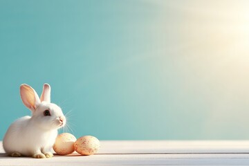 Fototapeta premium Cute white rabbit with eggs in sunlit spring setting