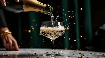 Champagne pouring into glass with gold confetti and elegant sparkles