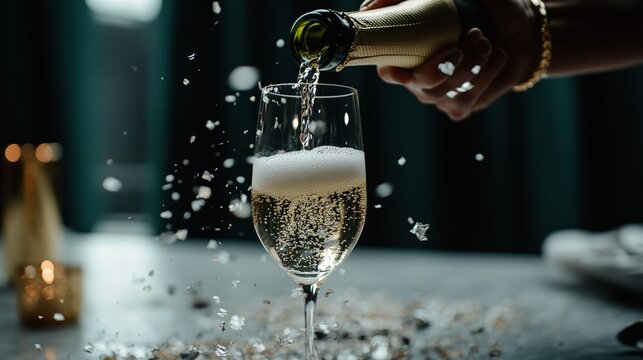 Close-up of sparkling champagne being poured into a flute glass with bubbles and splash