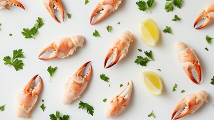 Cooked Crab Claws with Lemon and Parsley on White Background