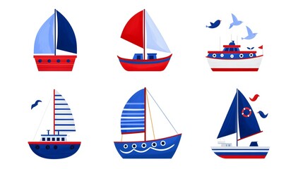 Colorful Illustrations of Various Sailing Boats and Ships on White Background